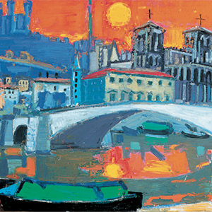 Lyon, le pont Bonaparte et Saint-Jean, circa 1985, Huile sur toile, 89 x 116 cm / Musée Jean Couty (détail)