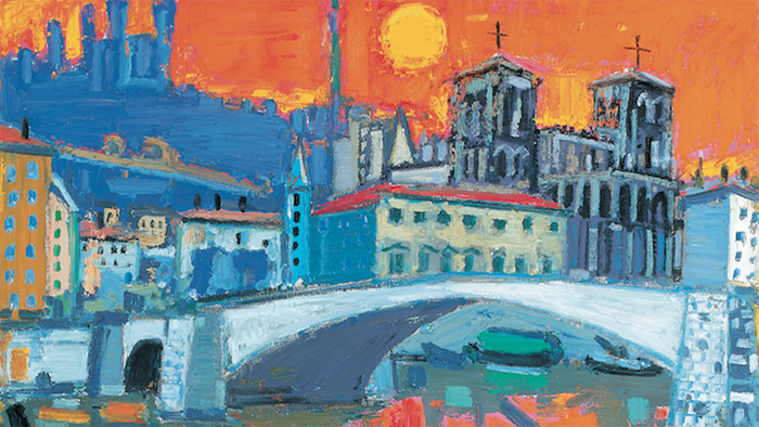 Lyon, le pont Bonaparte et Saint-Jean, circa 1985, Huile sur toile, 89 x 116 cm / Musée Jean Couty (détail)