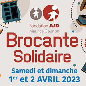 Affiche de la Brocante solidaire de la Fondation AJD les 1er et 2 avril 2023